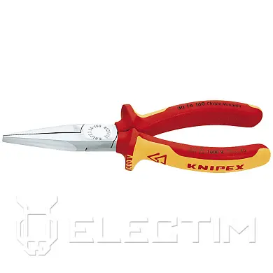 Длинногубцы VDE 1000V, плоские рифлённые губки 46.5 мм, L-160 мм, хром., 2-комп. рукоятки (KNIPEX)