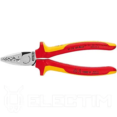 Пресс-клещи для обжима контактных гильз VDE 1000V, кол-во гнёзд: 9, 0.25 - 16.0 мм (AWG 23 - 5), L-180 мм, 2-комп. рукоятки (KNIPEX)