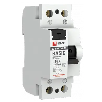 Устройство защитного отключения УЗО ВДТ-40 2P 16А/ 10мА (электронное) EKF Basic