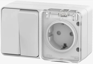 AtlasDesign Profi54 О/У БЛОК: РОЗ. з/к со шт. 16А 250B, ВЫКЛ.2-клав.10А, БЕЛЫЙ