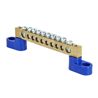 Шина "0" N (6х9мм) 10 отверстий латунь 2 синих угловых изолятора EKF PROxima