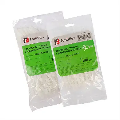 Стяжки нейлоновые с дюбель-пистоном КСДп (бел) (100шт) (Fortisflex)