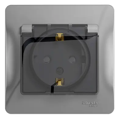 Розетка с заземлением со шторками с крышкой, 16А, IP44, в сборе, АЛЮМИНИЙ