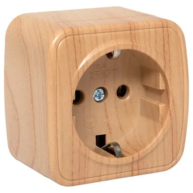 Минск Розетка 1-местная ОП 16А с заземлением светлое дерево EKF